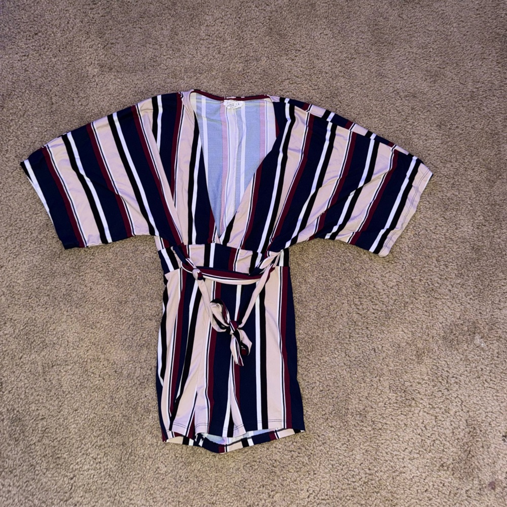 Chic Pink and Blue Bodysuit with Wrap V-Neck and Tie Waist
